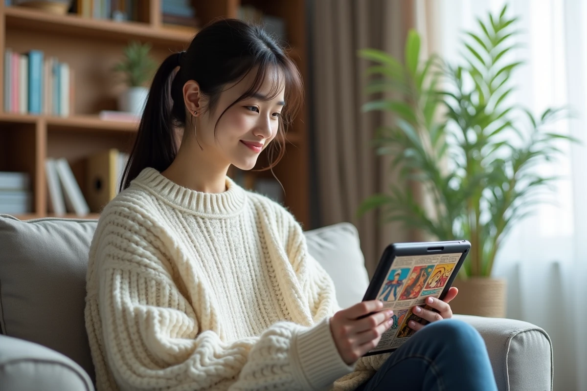 Jeune femme lisant des mangas en ligne sur une tablette confortablement installée dans son salon