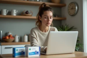 Femme assise à la cuisine avec médicaments et ordinateur