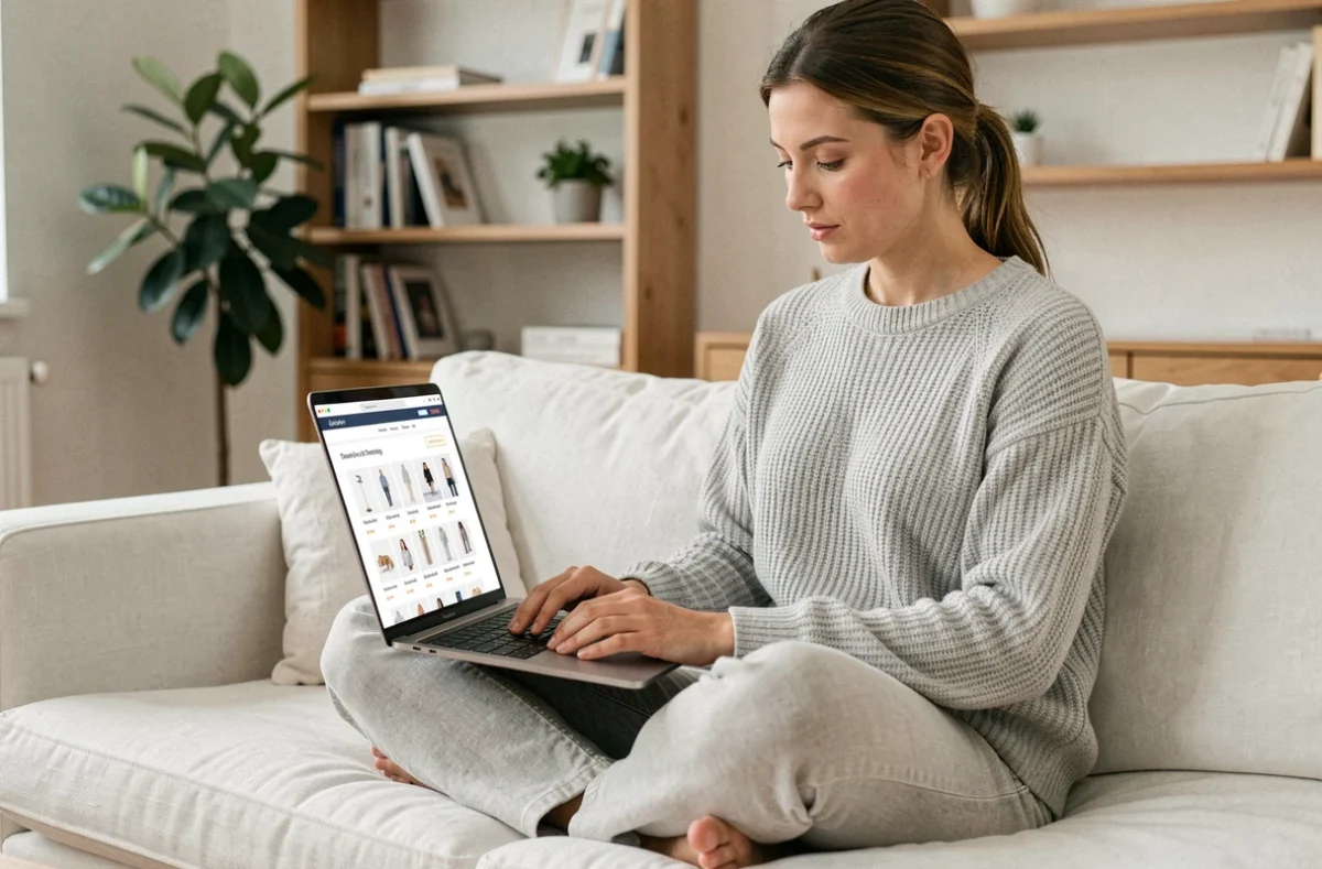 Femme parcourant les catégories d'une boutique en ligne sur son ordinateur portable dans un salon moderne
