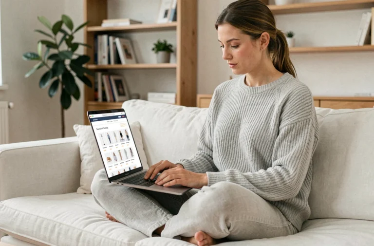 Femme parcourant les catégories d'une boutique en ligne sur son ordinateur portable dans un salon moderne