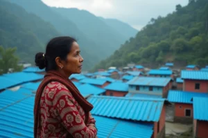 Femme nepalaise en kurta sur un toit bleu