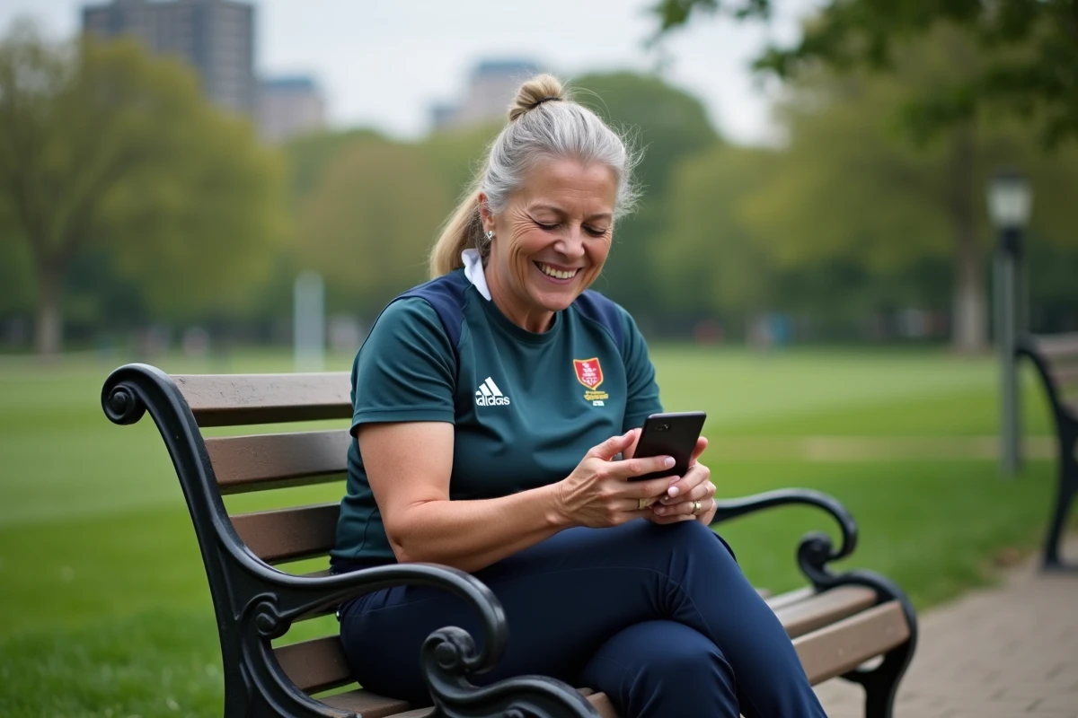 Femme souriante regardant un match de rugby sur son smartphone dans un parc