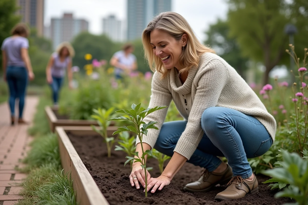 Femme en jeans plantant un arbre dans un jardin communautaire verdoyant