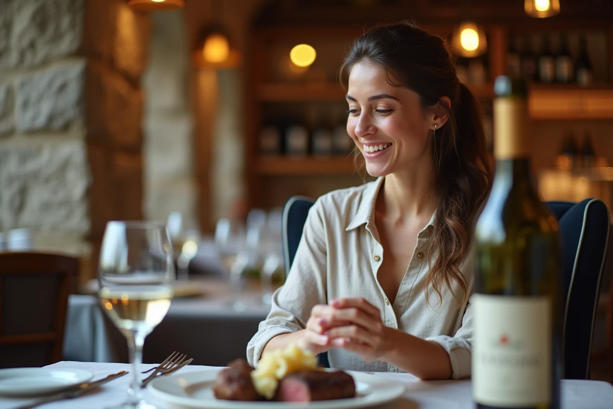 Femme souriante examinant une bouteille de vin au restaurant