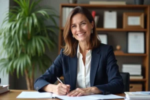 Femme d'une cinquantaine d'années signant des documents caritatifs dans un bureau lumineux