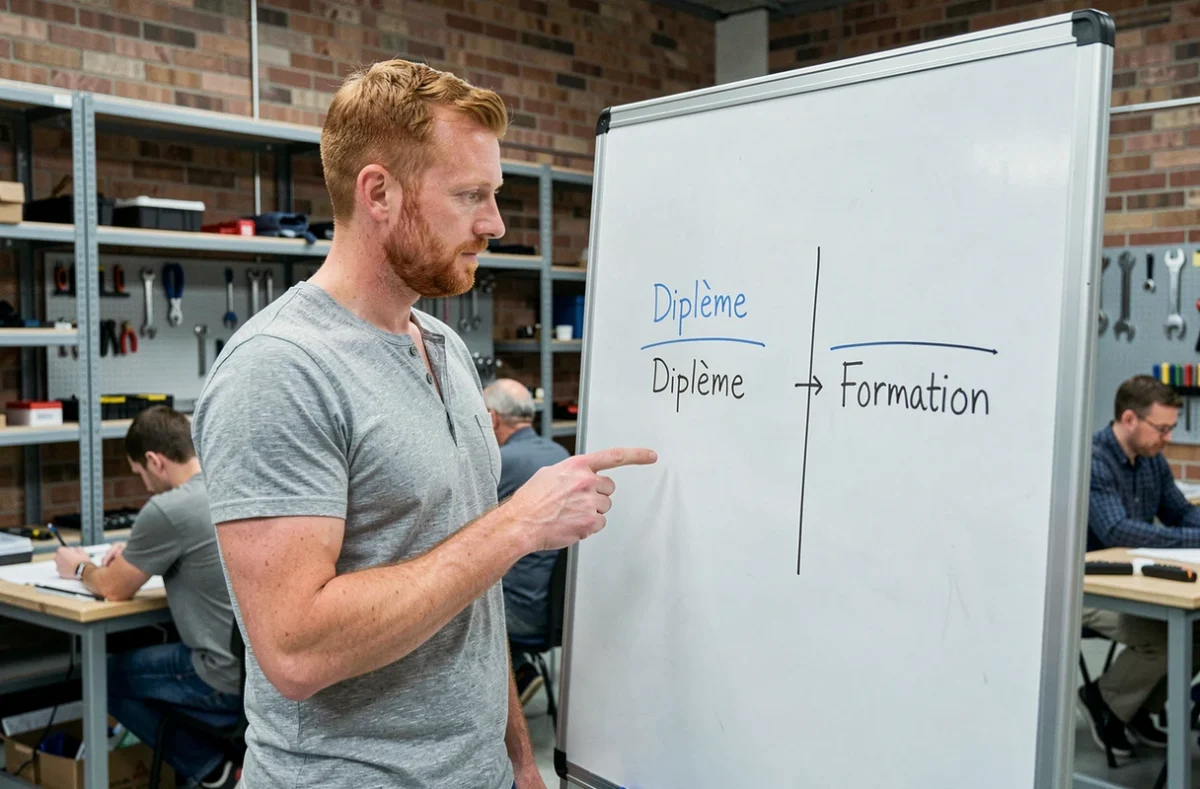 Formateur expliquant les différences entre diplôme et formation sur un tableau blanc dans un centre de formation professionnelle