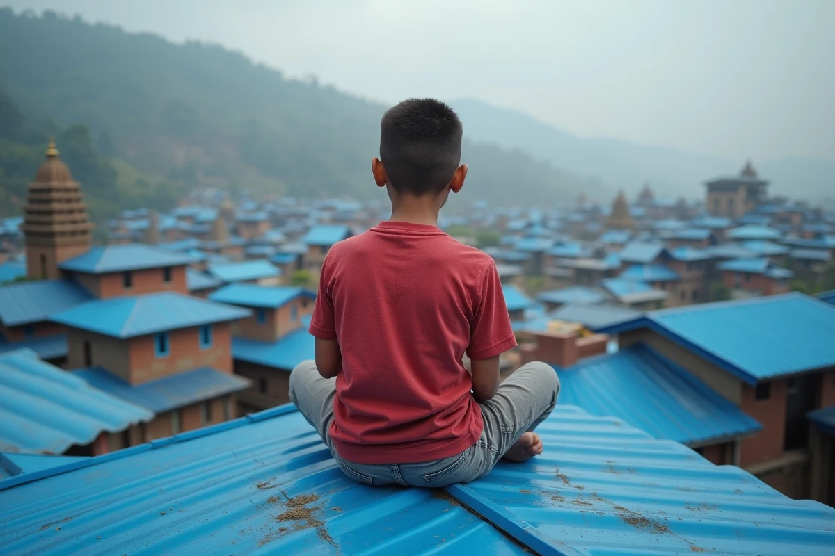 Jeune garçon nepali assis sur un toit bleu