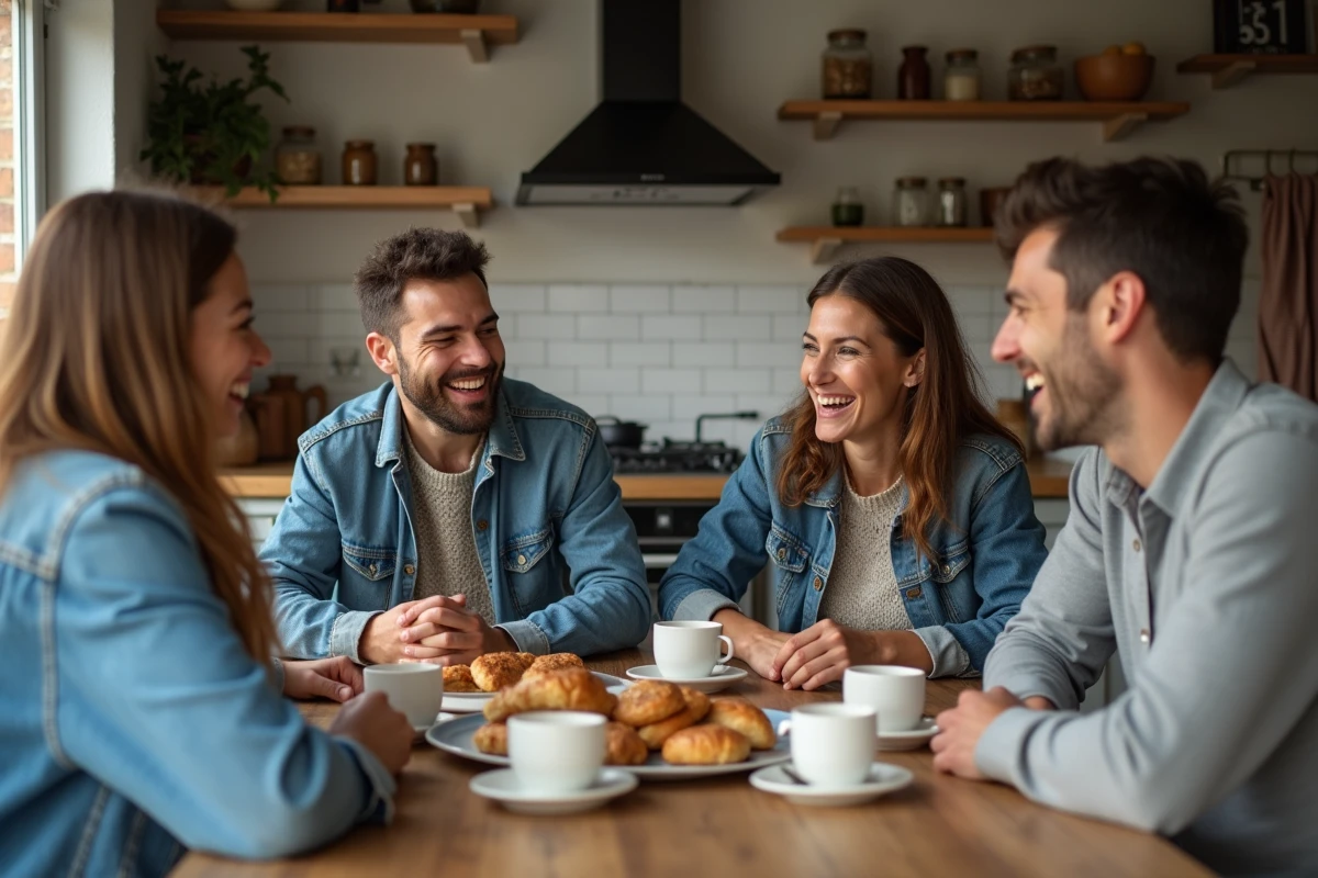 Groupe d'adultes autour d'une table de cuisine partageant des pâtisseries
