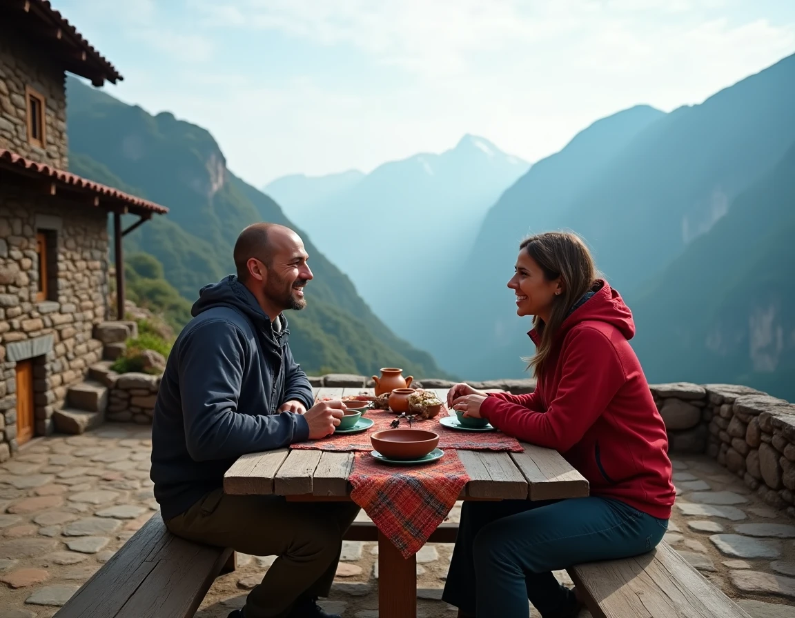 Voyageurs partageant un repas local sur la terrasse d'un hébergement communautaire dans les Andes avec vue sur un paysage de montagne