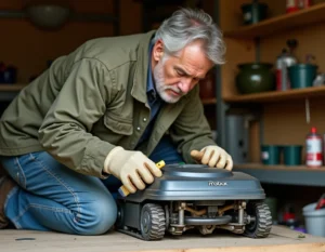 Homme en veste de travail nettoyant le dessous d'un robot tondeuse dans un garage avant hivernage