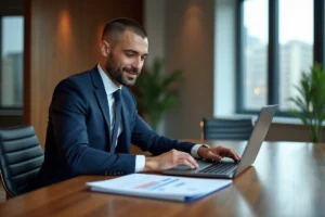 Homme d'affaires en costume dans un bureau lumineux