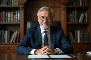 Homme d'affaires en costume navy dans un bureau professionnel