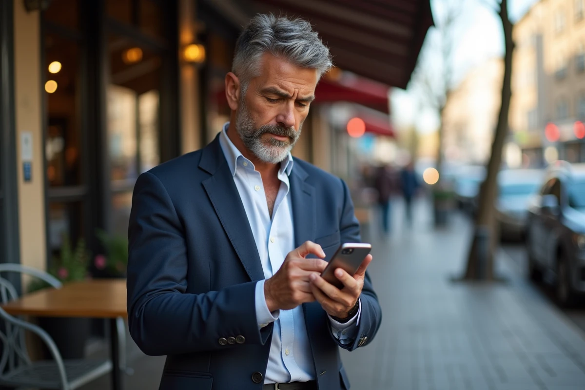 Homme d age moyen sur smartphone dans un cafe immobilier
