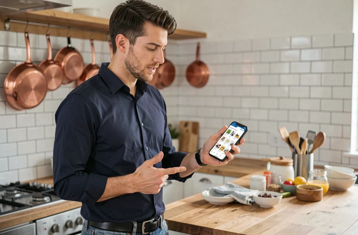 Homme comparant des produits sur une boutique en ligne depuis son smartphone dans une cuisine moderne