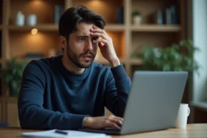 Homme frustré devant son ordinateur portable affichant une erreur de navigateur Chrome qui se ferme tout seul