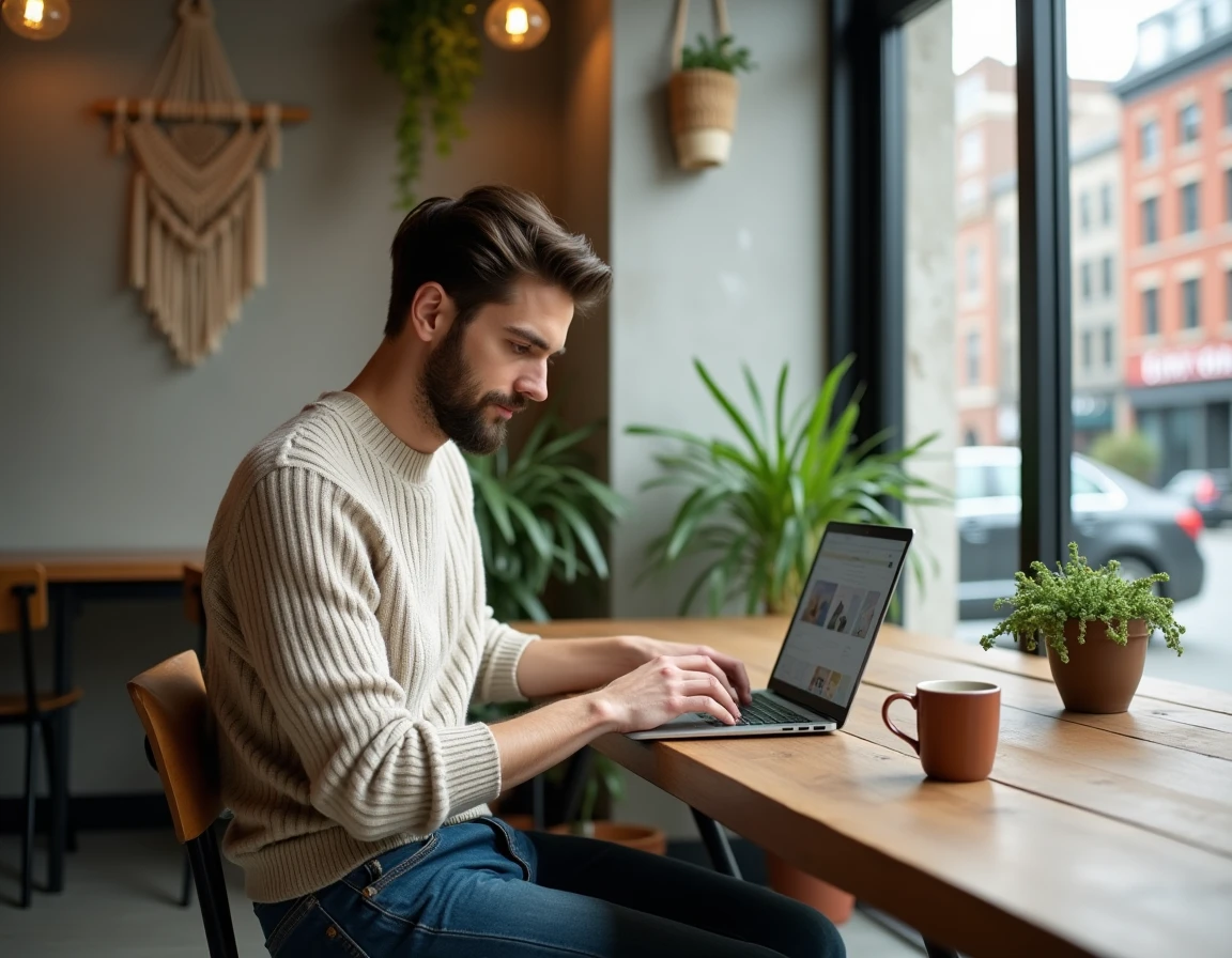 Homme consultant un site de mode durable sur son ordinateur dans un café urbain minimaliste
