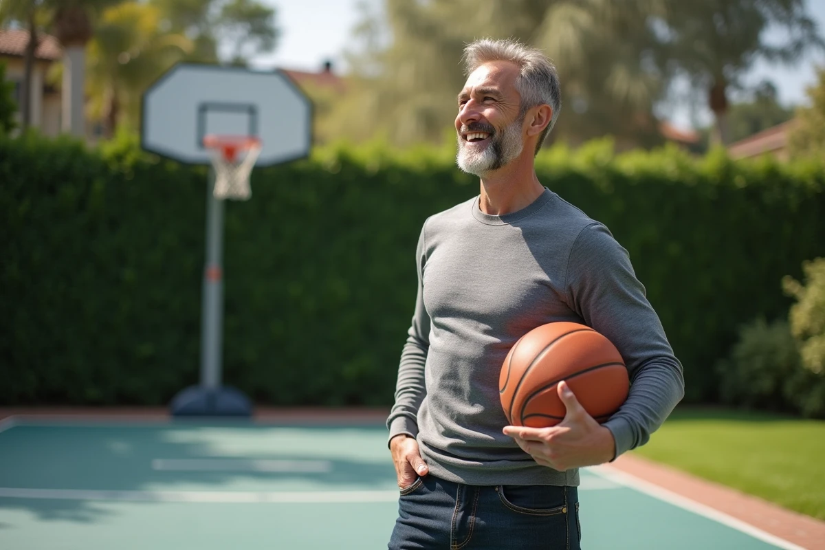 Homme confiant en tenue de sport sur un terrain de basketball