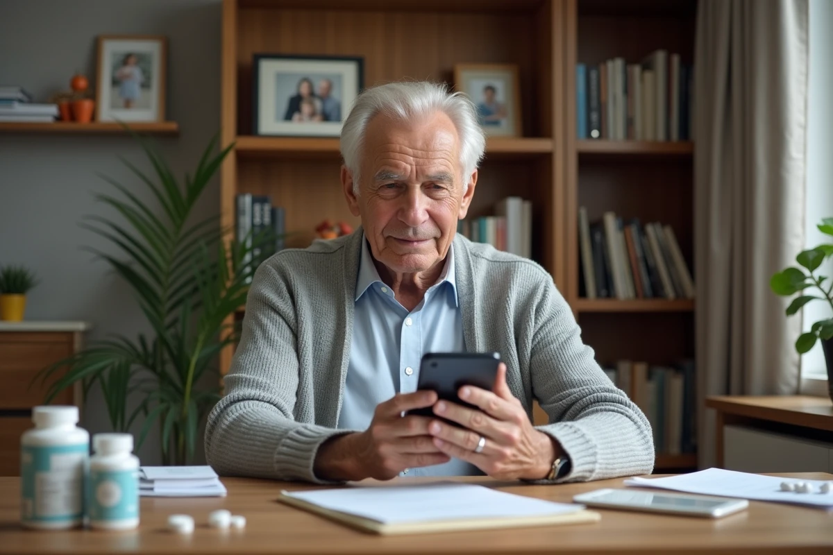Homme âgé utilisant son smartphone dans un bureau lumineux