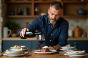 Homme versant vin rouge avec filet mignon au roquefort