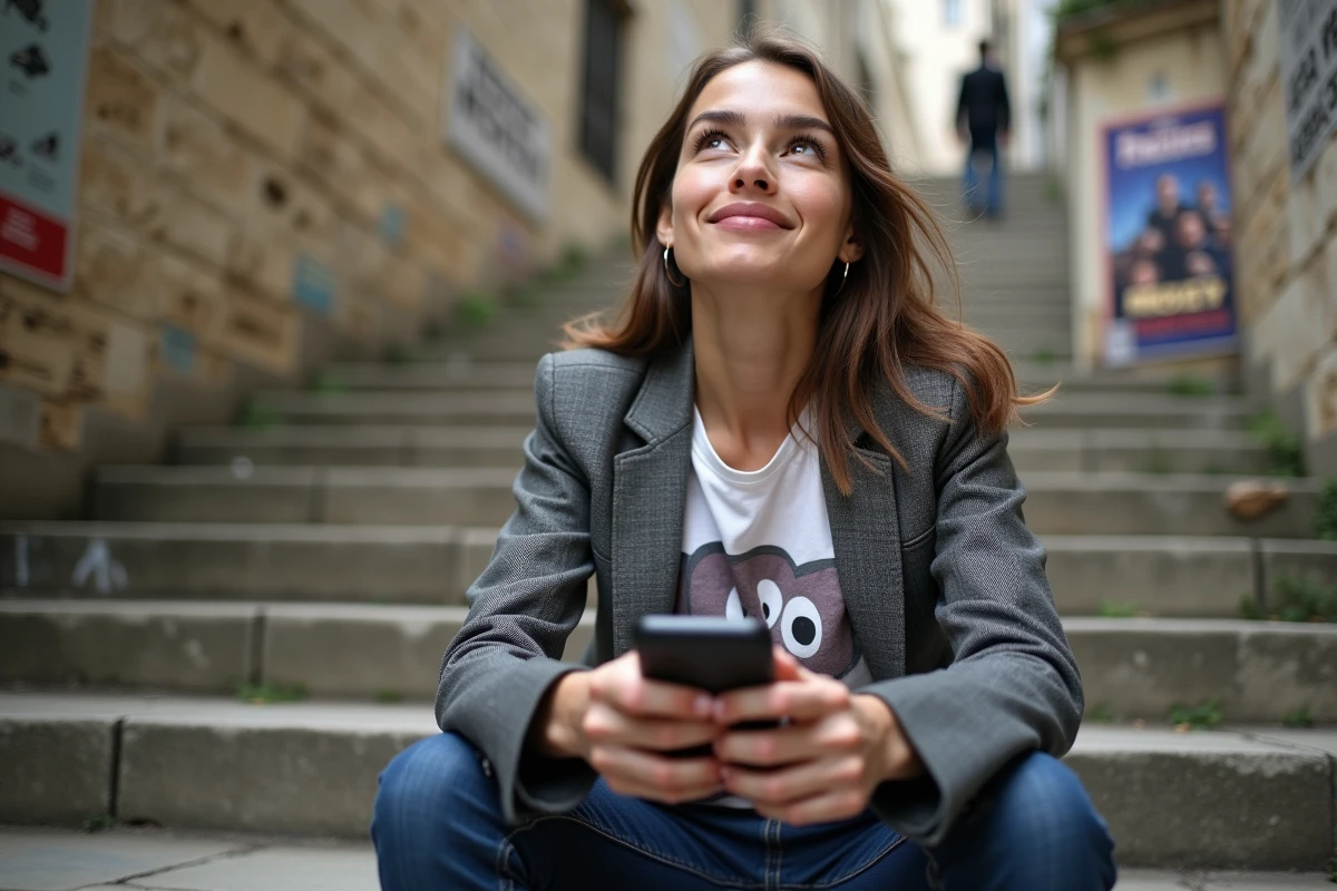 Jeune femme assise sur une marche parisienne avec smartphone