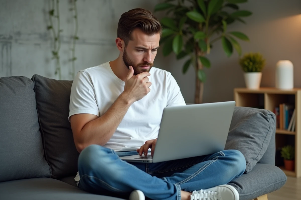 Jeune homme sur un canapé consultant les paramètres de Chrome pour résoudre un problème de fermeture automatique du navigateur