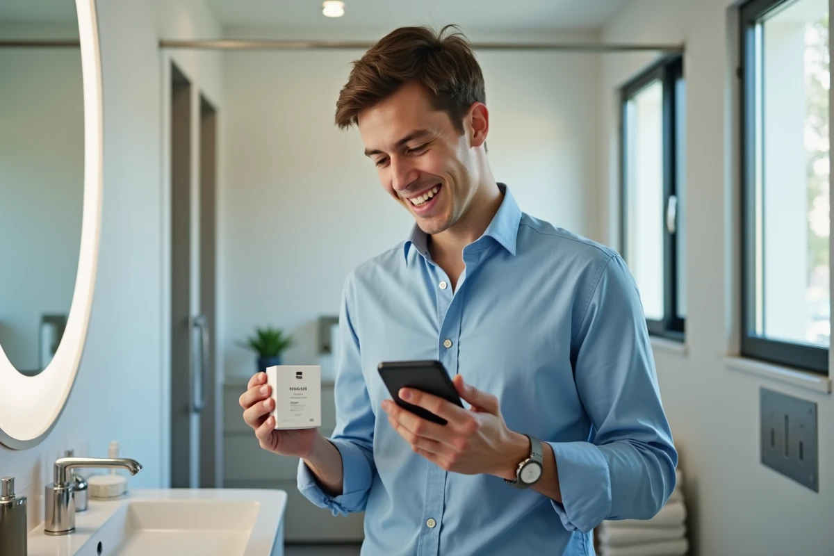 Jeune homme examine un produit de soin dans sa salle de bain