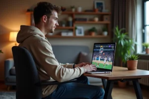 Jeune homme regardant un match de basketball sur son ordinateur