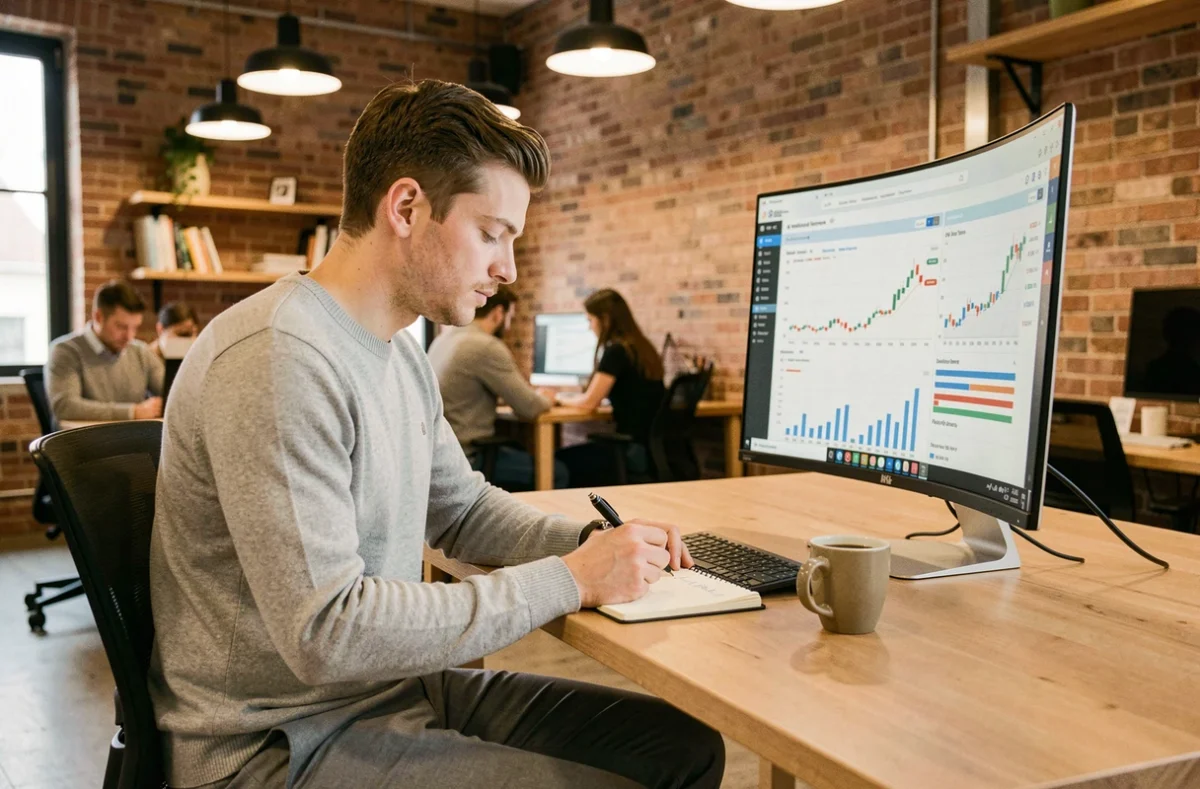 Jeune professionnel étudiant les actualités financières sur un grand écran dans un espace de coworking moderne
