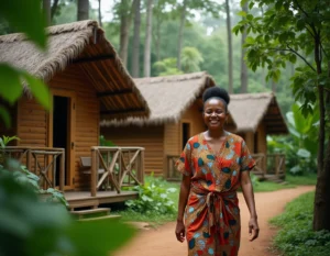 Hébergement éthique en lodge écologique dans la forêt tropicale avec accueil chaleureux d'une hôtesse locale en tenue traditionnelle