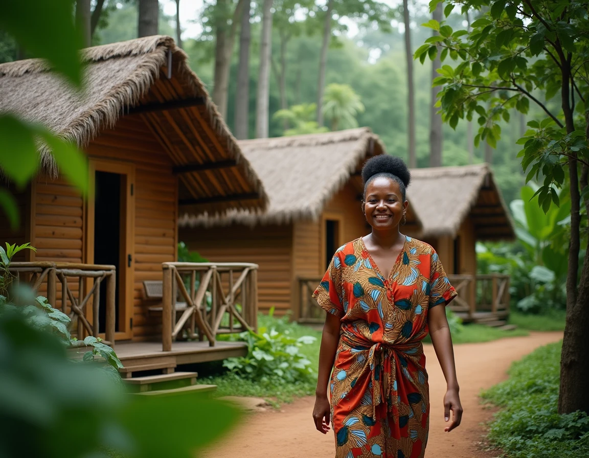 Hébergement éthique en lodge écologique dans la forêt tropicale avec accueil chaleureux d'une hôtesse locale en tenue traditionnelle