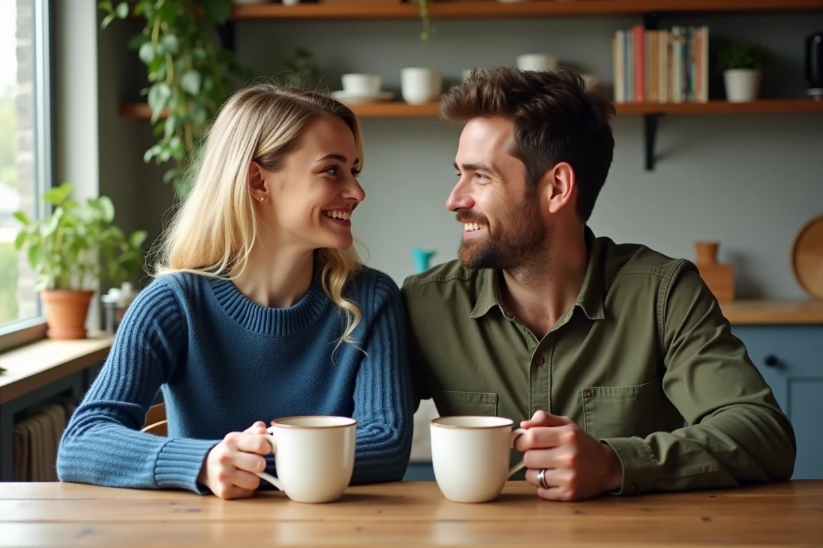Couple dans cuisine moderne partageant un café