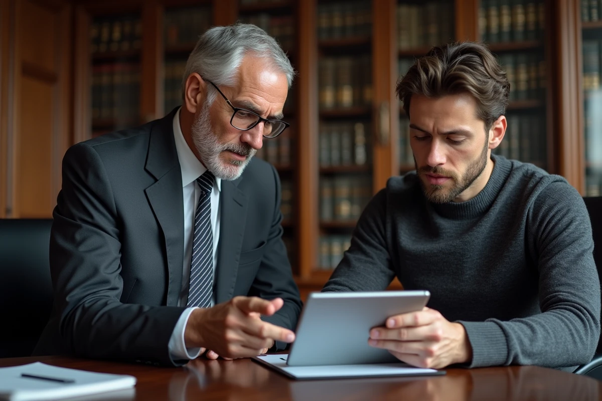 Notaire et client consultant ensemble un formulaire de succession numérique sur tablette dans un bureau notarial