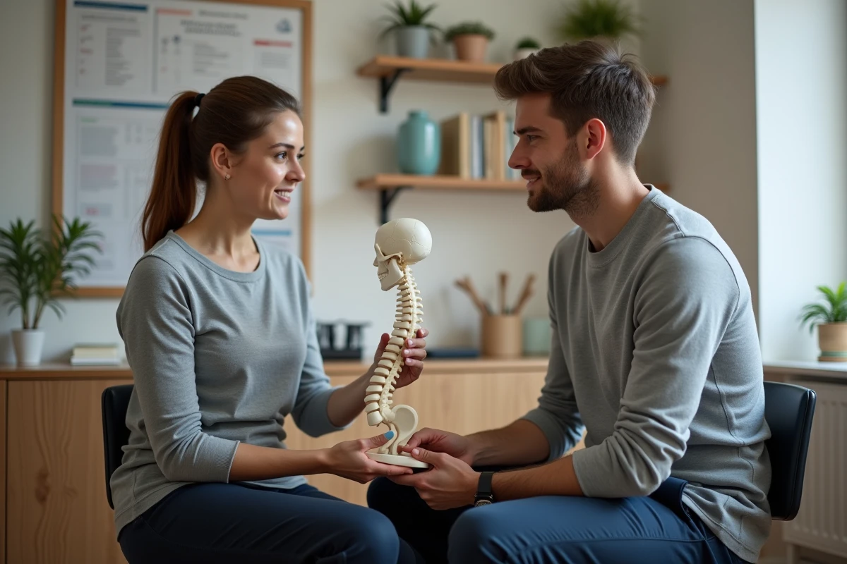 Osteopathe expliquant le modèle de la colonne vertébrale à un jeune homme