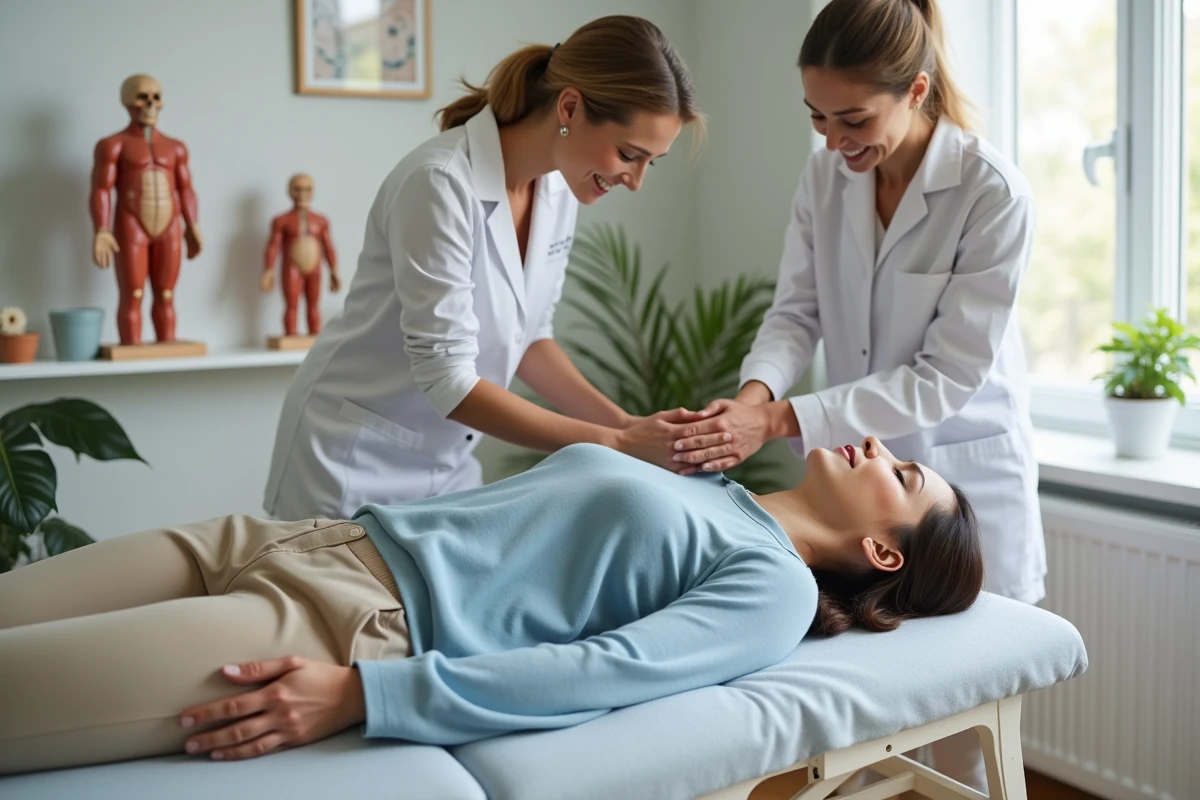 Femme détendue lors d'une séance d'ostéopathie dans un cabinet moderne