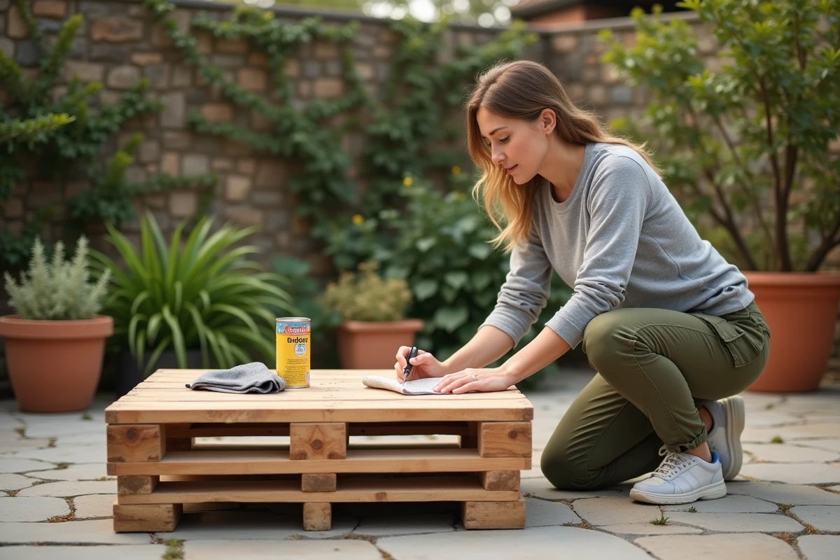 Femme inspectant une table basse en palette traitée avec une huile protectrice sur une terrasse extérieure en pierre
