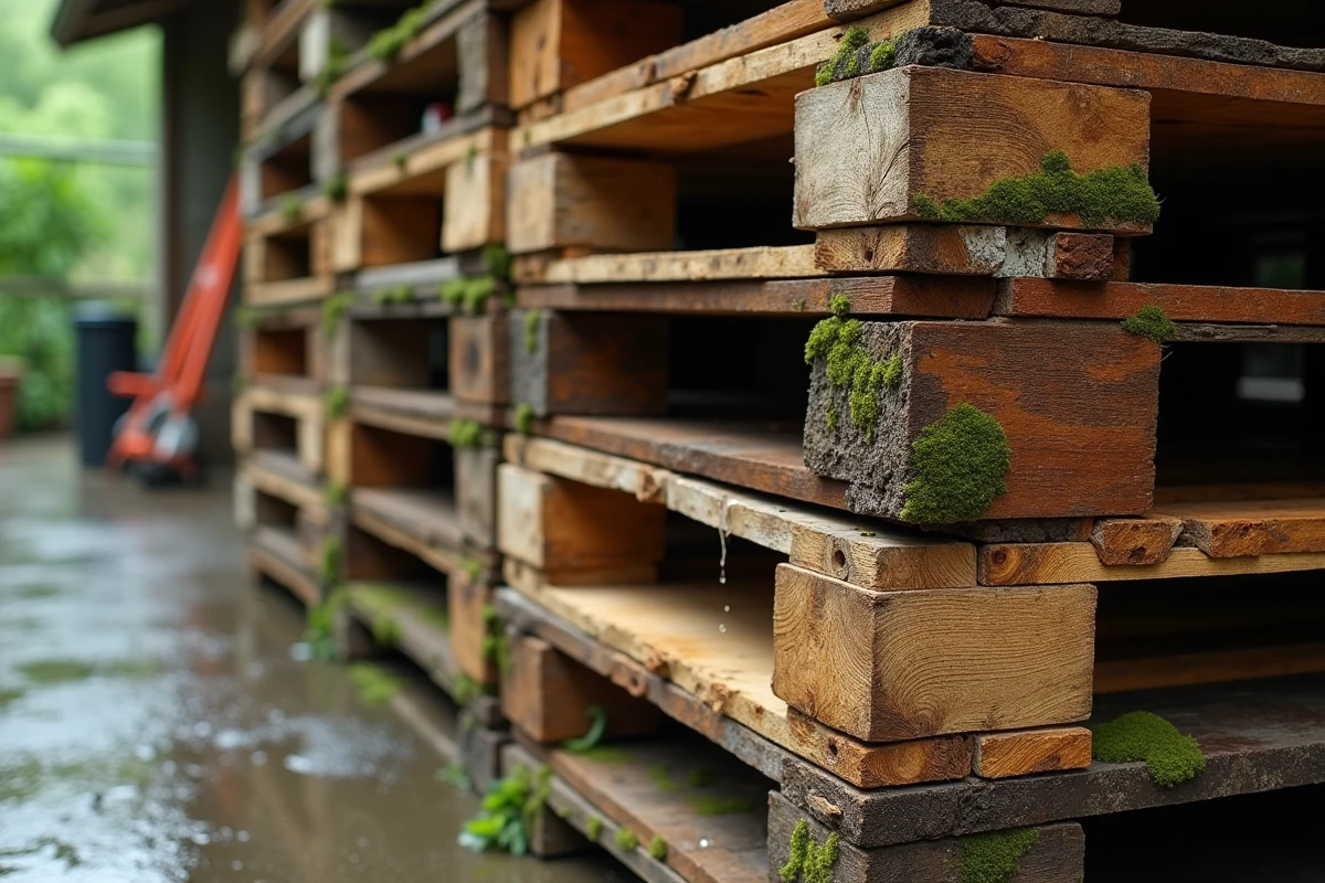 Palettes en bois empilées à l'extérieur montrant des traces d'humidité, de mousse et de dégradation dues à la pluie