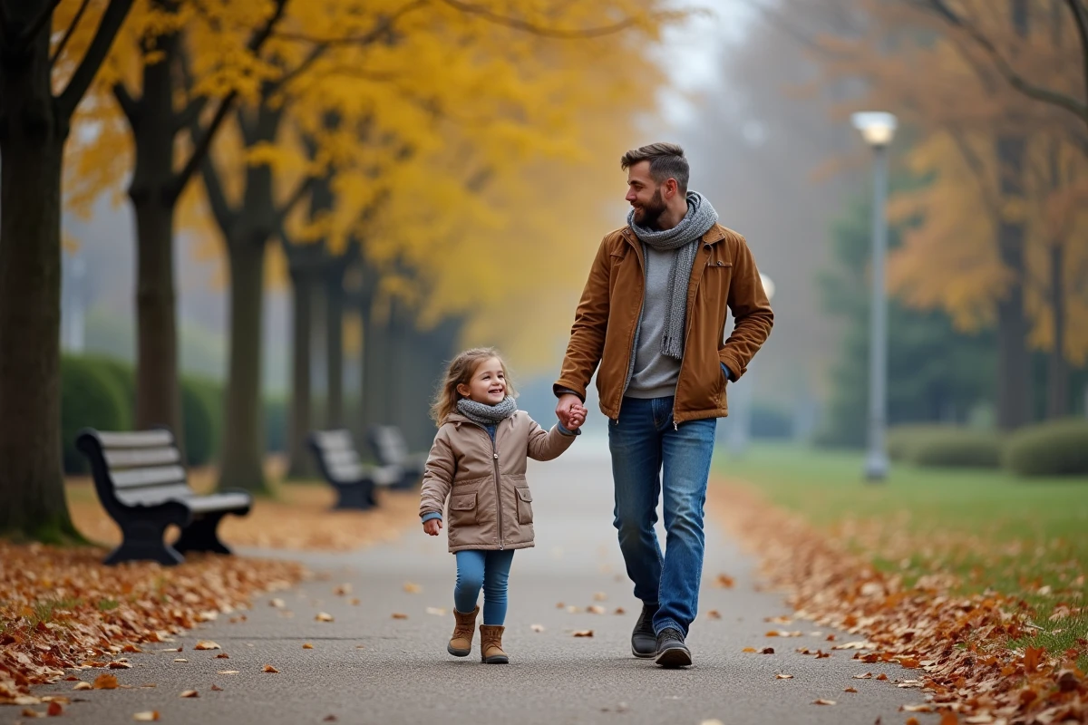 Père et fille marchant dans un parc urbain en automne