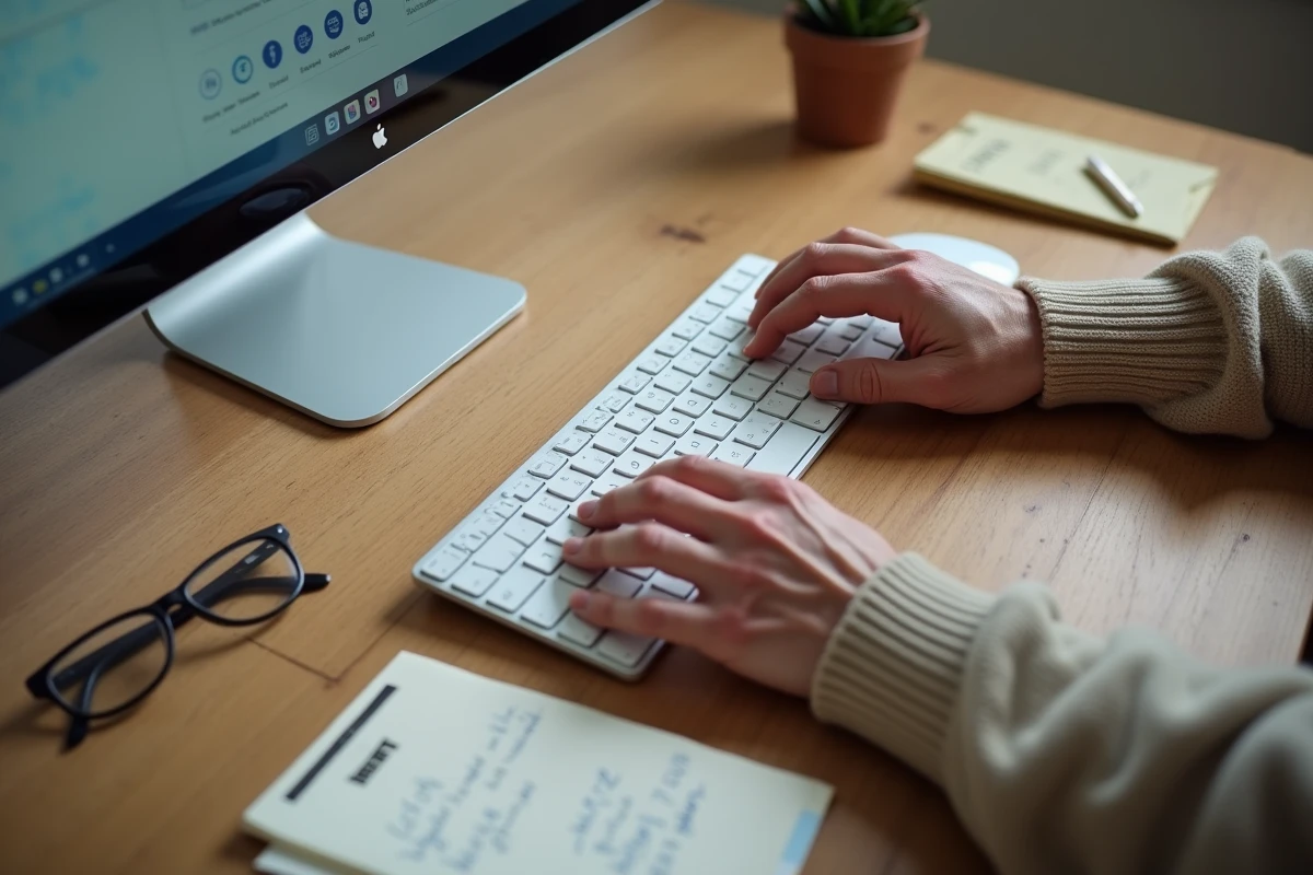 Mains d'une personne âgée utilisant un ordinateur pour accéder au service de succession Cadessavoies en ligne