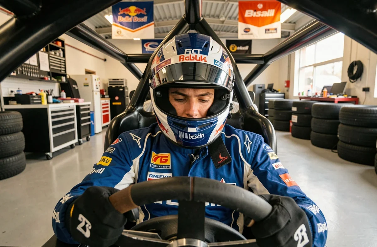 Pilote de course automobile en combinaison ignifugée bleue assis dans le cockpit d'une voiture GT dans un garage de compétition professionnel