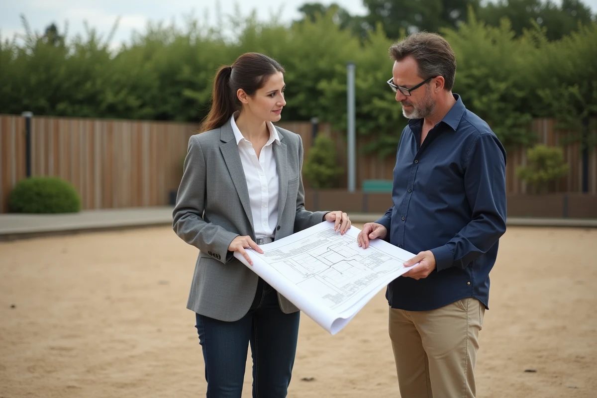 Architecte et propriétaire consultant les plans de construction d'un terrain de tennis sur un terrain vide en milieu suburban