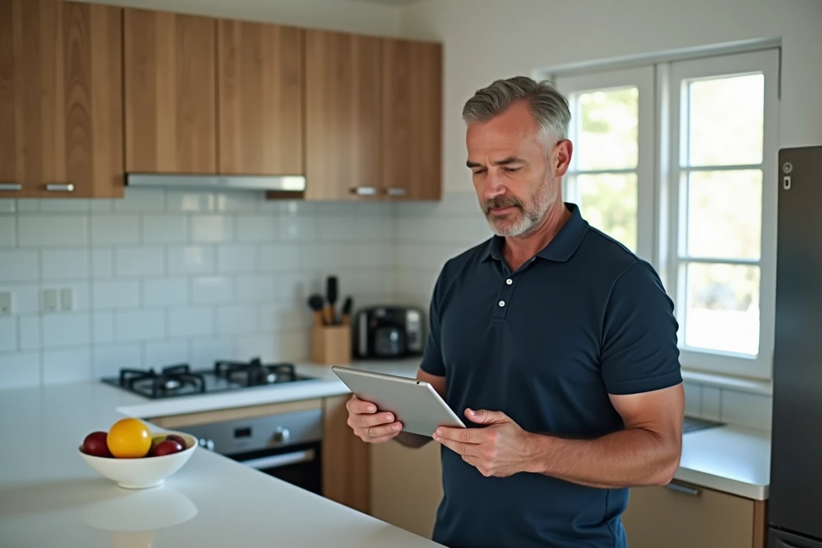 Parent consultant le portail Arena Amiens sur une tablette numérique dans une cuisine moderne