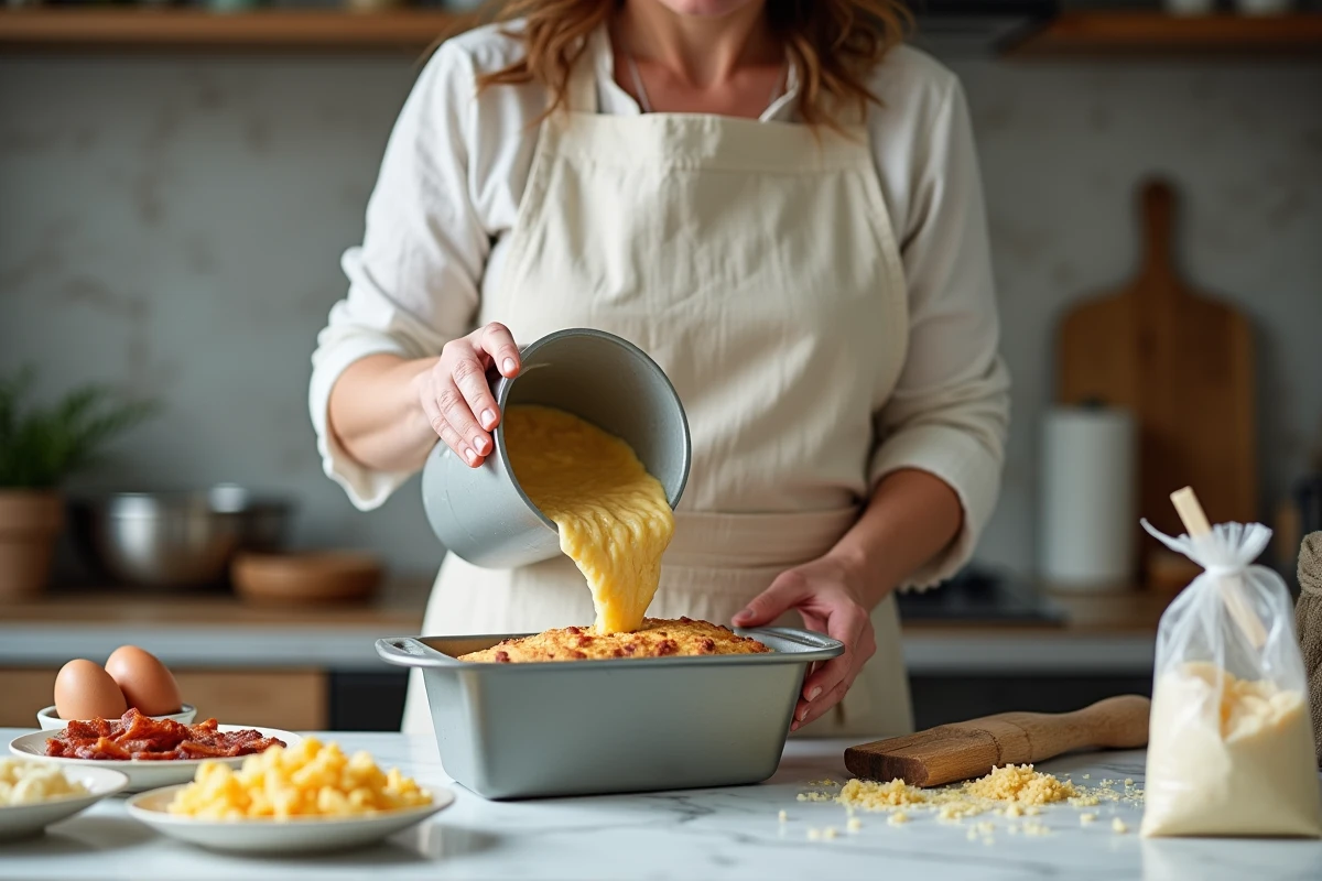 Femme préparant la pâte d'un cake salé aux lardons et gruyère dans une cuisine moderne