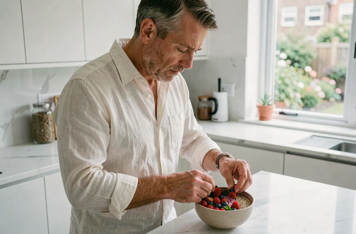 Homme préparant un bol de smoothie healthy dans une cuisine moderne pour illustrer les conseils de bien-être alimentaire
