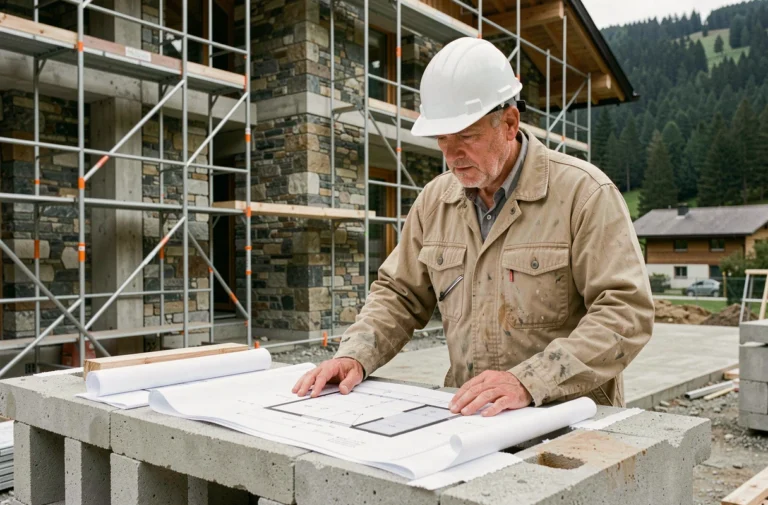 Professionnel de la construction en Suisse étudiant des plans architecturaux sur un chantier résidentiel en montagne