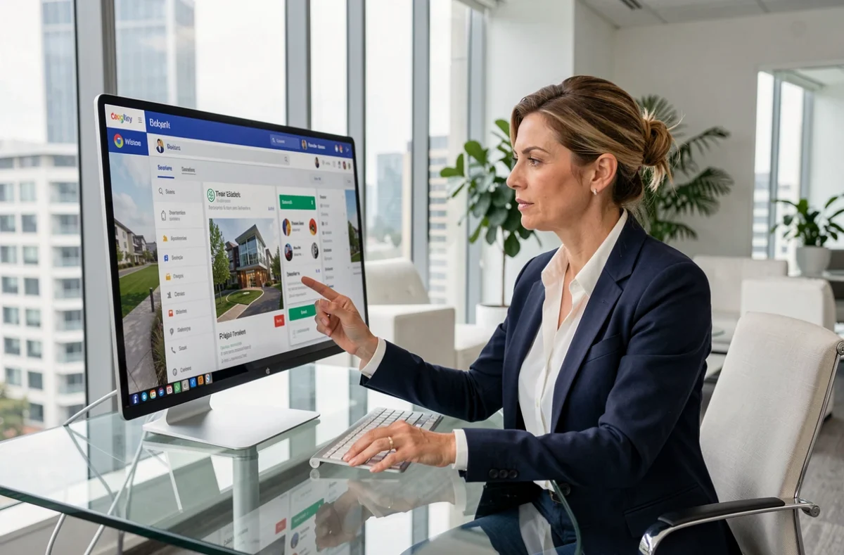 Professionnelle de l'immobilier utilisant une plateforme digitale sur un écran tactile dans un bureau moderne