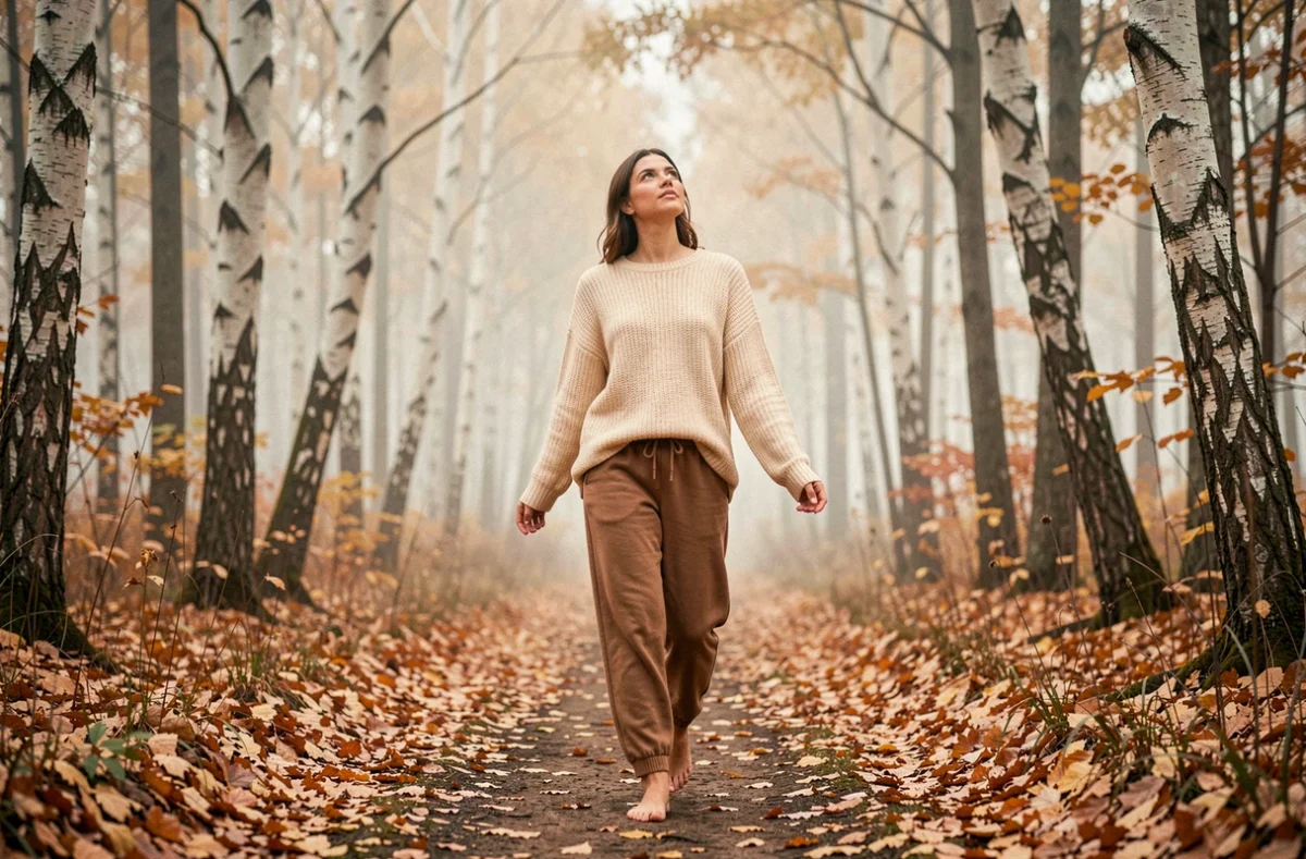 Femme se promenant pieds nus dans une forêt en automne pour illustrer les bienfaits de la nature sur le bien-être quotidien