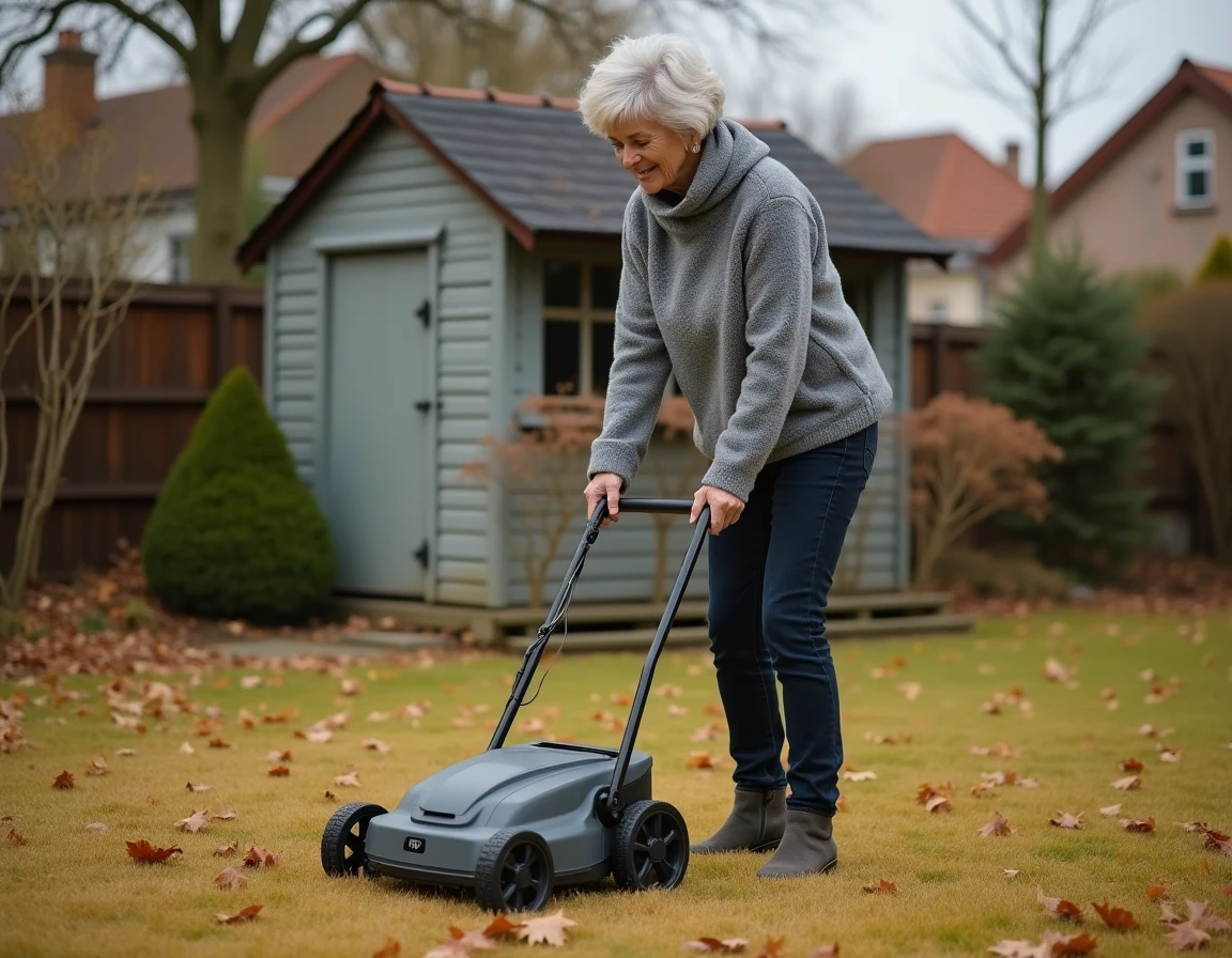 Femme rangeant son robot tondeuse dans le jardin en automne avant l'hivernage