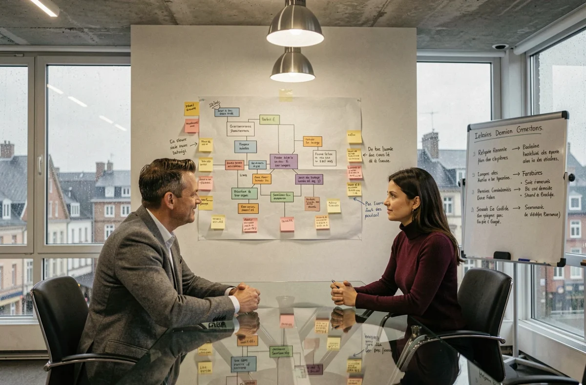 Deux professionnels d'une agence digitale belge à Liège collaborant autour d'un plan de site annoté affiché sur un mur pour définir une stratégie de référencement régional
