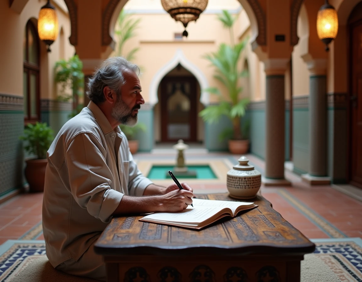 Intérieur authentique d'un riad responsable dans une médina nord-africaine avec décoration artisanale locale et voyageur consultant le livre d'accueil