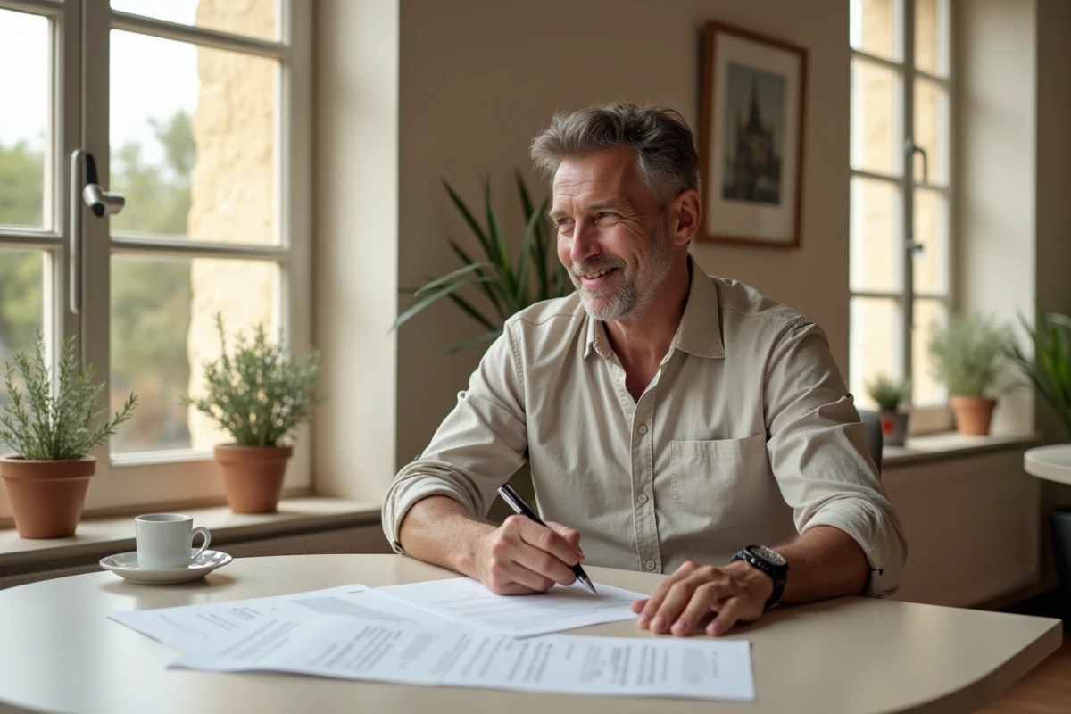 Client signant un contrat immobilier dans une agence à Perpignan avec satisfaction